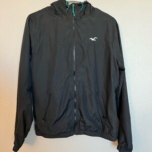 Hollister Black Hooded Windbreaker with Teal Drawcords Size Small